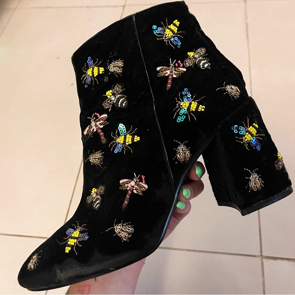 Zara Black Velvet & Sequin Embroidered Insect Block Heel Boots